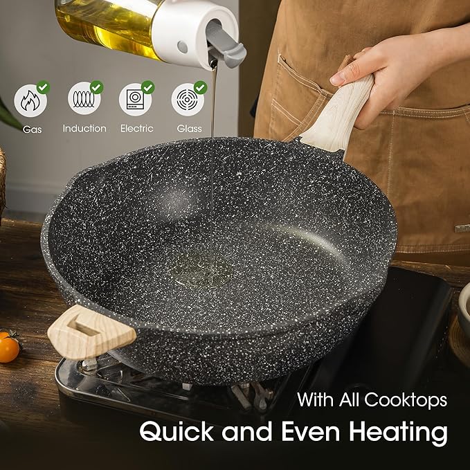 CAROTE 12.5 Inch Nonstick Deep Frying Pan with Lid, 6.5 Qt Jumbo Cooker Saute Pan with Pour Spout, Skillet Induction Cookware, Non Stick Cooking Pan PFOA Free, Classic Granite - Image 4