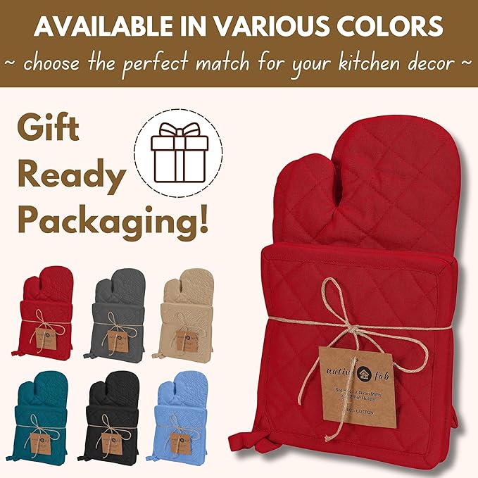Native Fab Pot Holders and Oven Mitts Sets for Kitchen Heat Resistant - Hanging Non-Slip - 100% Cotton Kitchen Oven Mitts and Pot Holders 4-Piece Set - Red - Image 6