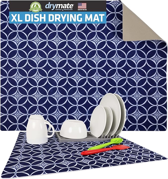 Drymate Jumbo XL Dish Drying Mat (19”x24”), Low-Profile, Super Absorbent, Quick Dry Fabric, Waterproof & Slip-Resistant, for Kitchen Counter, Trimmable, Easy to Clean (USA Made)(Indigo) by Drymate