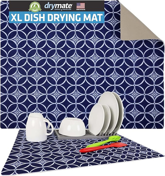 Drymate Jumbo XL Dish Drying Mat (19”x24”), Low-Profile, Super Absorbent, Quick Dry Fabric, Waterproof & Slip-Resistant, for Kitchen Counter, Trimmable, Easy to Clean (USA Made)(Indigo) by Drymate
