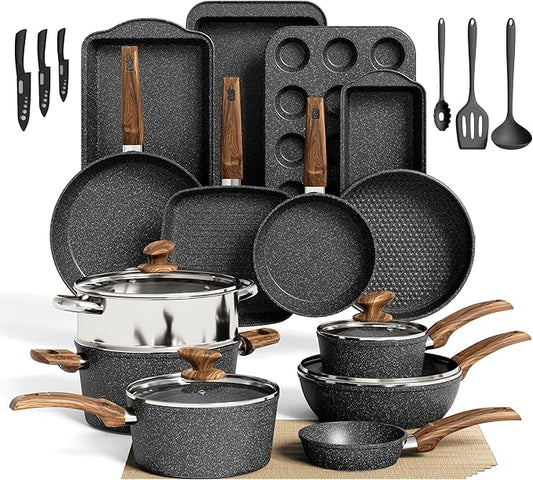 30 Piece Pots and Pans Set Non Stick, Granite Induction Cookware Sets, Nonstick Kitchen Cookware Sets, Non Toxic Cookware Set with Frying Pans and Saucepan, Kitchen Pots and Pans Set, Black by DishDelight