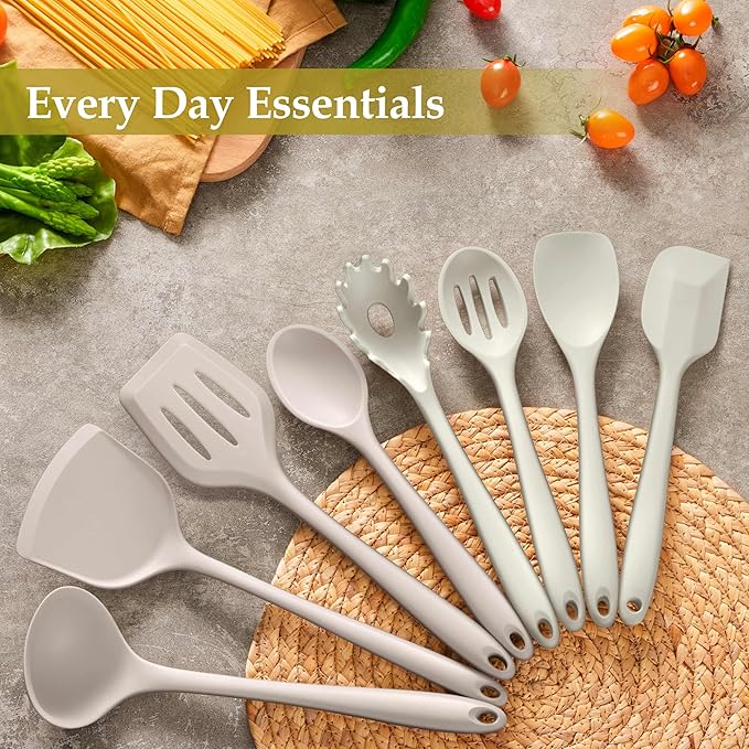 LIANYU 8Pcs Kitchen Utensils Set, Silicone Cooking Utensils Spatula Set for Nonstick Cookware, Include Silicone Spatula, Ladle, Turner, Spoon, Heat Resistant, Dishwasher Safe, Khaki White - Image 4