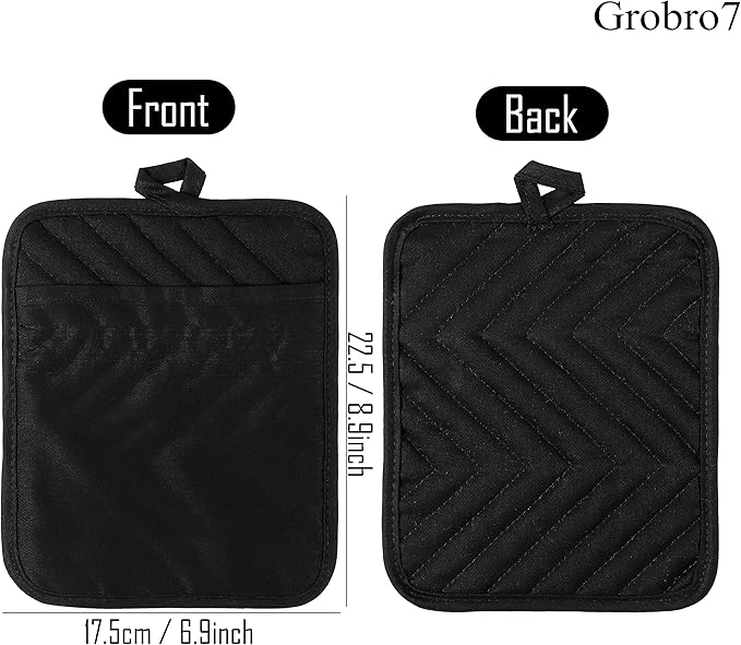 GROBRO7 5Pack Cotton Pocket Pot Holder Set Kitchen Heat Resistant Potholder Machine Washable Hot Pads Bulk Oven Mitts Black Plain Hot Pads Trivet for Baking Cooking with Pocket 7x9 - Image 3