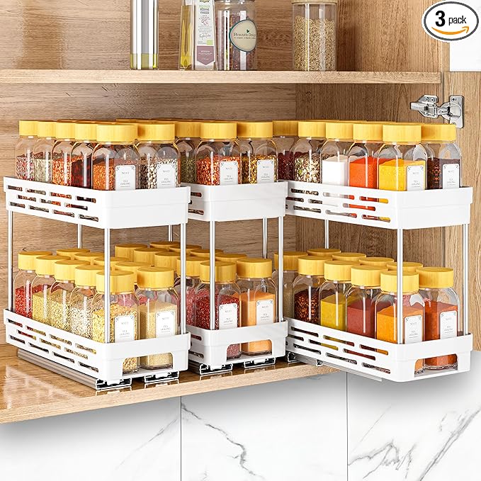 Pull Out Spice Rack Organizer for Cabinet, 3 Packs Slide Out Spice Racks Organizer, Spice Cabinet Organizers, Cabinet Size Need:12'' Highx11'' Deepx5'' Wide,Each Tier Hold 10 Spice Jar - 2 Tier, White by DABIGE