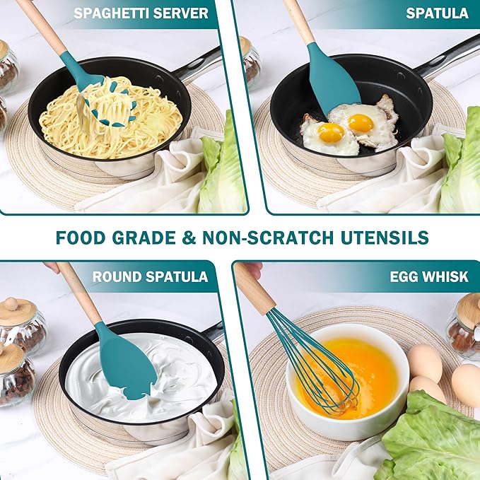 Herogo 8 Pcs Non-Stick Silicone Kitchen Utensils Set, Heat-Resistant Food-Grade Cooking Utensils with Wooden Handle, Includes Spatula Spoon Turner Server Whisk Ladle for Baking, Cooking (Navy Blue) - Image 4