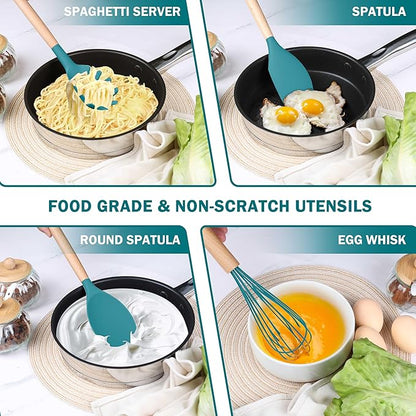 Herogo 8 Pcs Non-Stick Silicone Kitchen Utensils Set, Heat-Resistant Food-Grade Cooking Utensils with Wooden Handle, Includes Spatula Spoon Turner Server Whisk Ladle for Baking, Cooking (Navy Blue) - Image 4