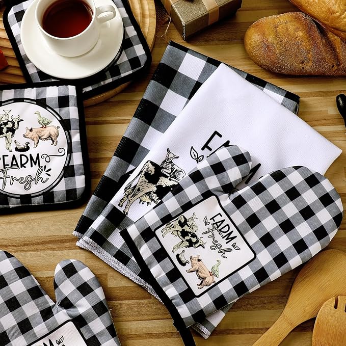Bencailor 6 Pcs Farm Kitchen Towels Oven Mitts and Pot Holders Decorative Dish Towels Tea Non Slip Heat Resistant Oven Gloves for Summer Home Cooking Dish Baking BBQ, Black, White - Image 6