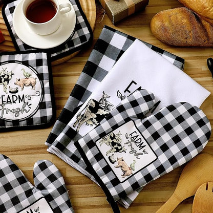 Bencailor 6 Pcs Farm Kitchen Towels Oven Mitts and Pot Holders Decorative Dish Towels Tea Non Slip Heat Resistant Oven Gloves for Summer Home Cooking Dish Baking BBQ, Black, White - Image 6