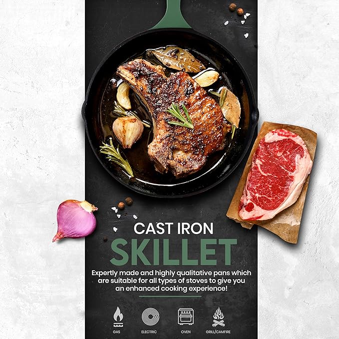 Utopia Kitchen Cast iron Skillets 3 Piece Set, Chefs Pan, Pre Seasoned Cast iron Skillets, 6, 8 & 10 Inches, Easy Use in the Oven, Stove, Grill, or Campfire, Green - Image 5