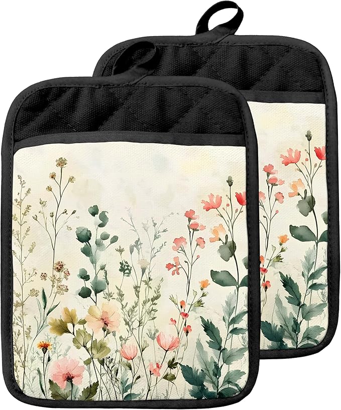 Watercolor Rustic Floral Pot Holders with Pockets, Cottagecore Flower Botanical Oven Pot Holders Heat Resistant Oven Mitts Hot Pads for Kitchen Baking Cooking
