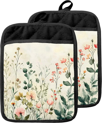 Watercolor Rustic Floral Pot Holders with Pockets, Cottagecore Flower Botanical Oven Pot Holders Heat Resistant Oven Mitts Hot Pads for Kitchen Baking Cooking
