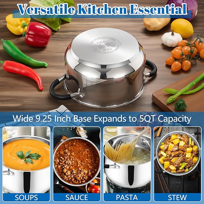 E-far 5Qt Stainless Steel Pot, Stock Pot with Glass Lid for Cooking Pasta Soup Sauce, Tri-Ply Induction Thick Base & Cool-Touch Handles, All Stoves & Dishwasher Safe - Image 4