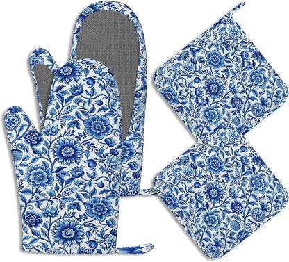 Oven Mitts and Pot Holders Sets Blue White Floral Silicone Kitchen Mits Potholders Vintage Flowers Heat Resistant 4Pcs Oven Gloves Hot Pads for Baking Cooking BBQ Grilling Home Decor