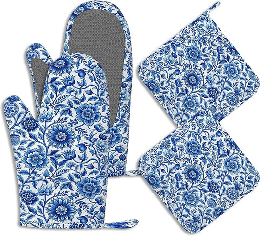 Oven Mitts and Pot Holders Sets Blue White Floral Silicone Kitchen Mits Potholders Vintage Flowers Heat Resistant 4Pcs Oven Gloves Hot Pads for Baking Cooking BBQ Grilling Home Decor