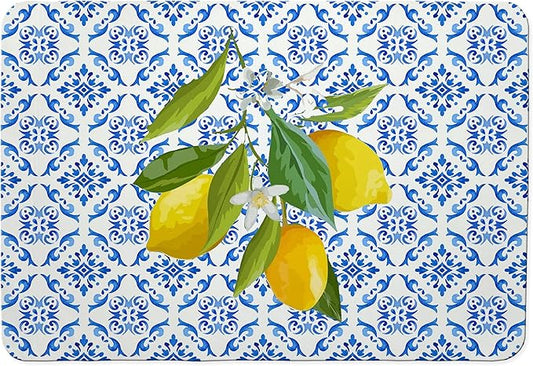 Blue and White Floral Lemon Dish Drying Mat, Mediterranean Tiles Coffee Bar Mat for Countertops, Lemons Absorbent Dish Drying Mats for Kitchen Counter Coffee Maker, 16x24 Inch