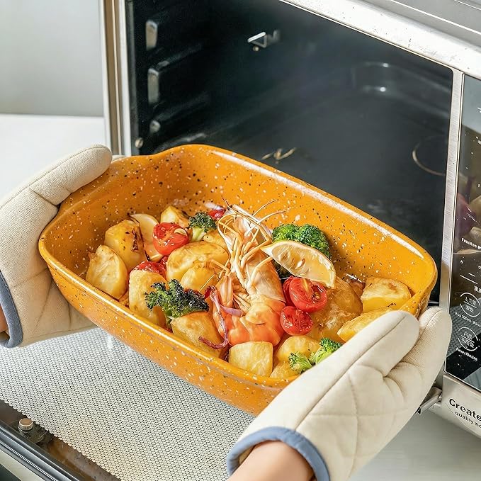 Ceramic Baking Dish Set of 3, Casserole for Oven,Rectangular Bakeware Dishes with Handles,Lasagna Pan Deep,Handcraft Speckle Stoneware Series (13.8''/12''/9.6''Orange) - Image 4
