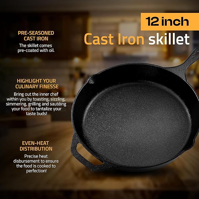Utopia Kitchen Premium Cast Iron Skillets 12 Inch, Chef's Pan, Pre-Seasoned Frying Pan, Stovetop, Oven, Campfire and Grill Large Skillet, Even Heat Distribution Multipurpose Cast Iron Pan - Black - Image 4