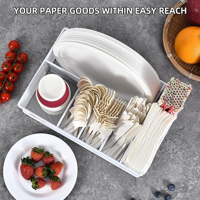 VIKEYHOME Paper Plate Organizer, Metal Silverware Caddy with 6 Compartments for Knives, Spoons, Cups, Forks, Napkins, Utensil Holder for Party, Camping, Picnic, White - Image 6