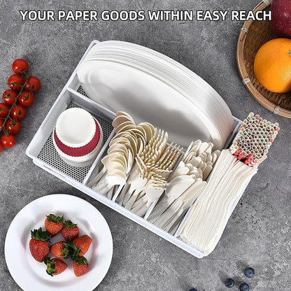 VIKEYHOME Paper Plate Organizer, Metal Silverware Caddy with 6 Compartments for Knives, Spoons, Cups, Forks, Napkins, Utensil Holder for Party, Camping, Picnic, White - Image 6