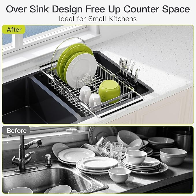 Expandable Stainless Steel Dish Drying Rack Over The Sink For Small Kitchen, Counter Space Saving Compact Metal Plate Drainer Strainer, Adjustable Hanging Inside Sink Rust Proof Wire Dryer Holder - Image 2