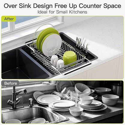 Expandable Stainless Steel Dish Drying Rack Over The Sink For Small Kitchen, Counter Space Saving Compact Metal Plate Drainer Strainer, Adjustable Hanging Inside Sink Rust Proof Wire Dryer Holder - Image 2