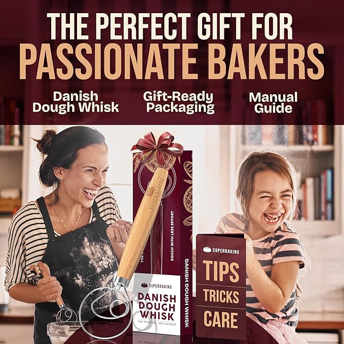 Superbaking Danish Dough Whisk - 12" Bread Whisk for Dough Mixing - Single Eye Design Sourdough Whisk - Sourdough Bread Baking Supplies - Bread Making Tools and Accessories - Ergonomic Wooden Handle