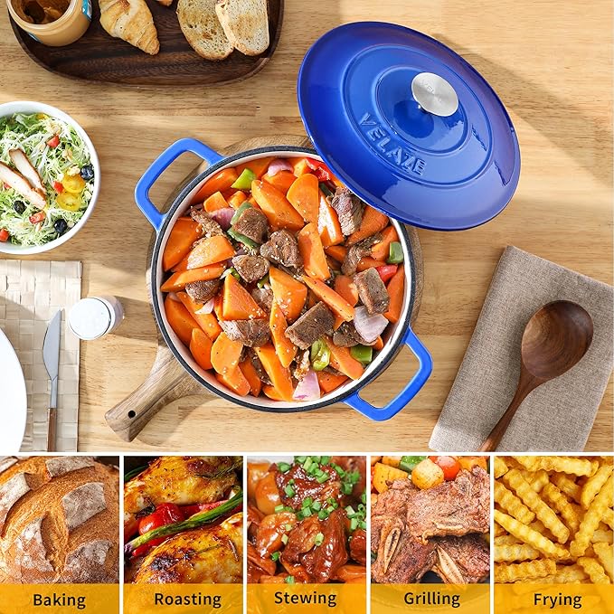 Velaze 6 QT Enameled Dutch Oven Pot with Lid, Cast Iron Dutch Oven with Dual Handles for Sourdough Bread Baking, Cooking, Non-stick Enamel Coated Cookware (Blue) - Image 6
