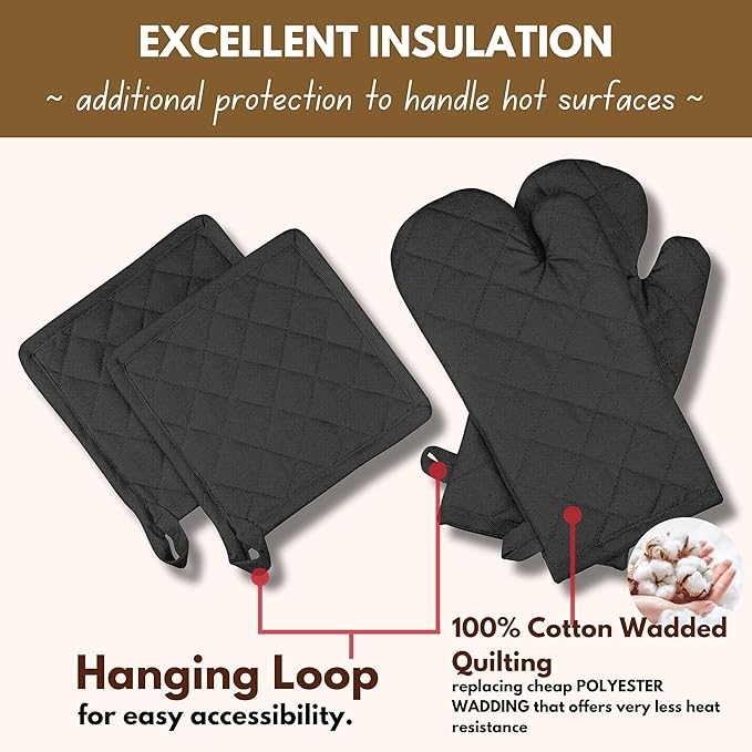 Native Fab Pot Holders and Oven Mitts Sets for Kitchen Heat Resistant - Hanging Non-Slip - 100% Cotton Kitchen Oven Mitts and Pot Holders 4-Piece Set - Black - Image 4