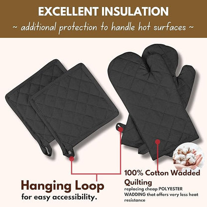 Native Fab Pot Holders and Oven Mitts Sets for Kitchen Heat Resistant - Hanging Non-Slip - 100% Cotton Kitchen Oven Mitts and Pot Holders 4-Piece Set - Black - Image 4