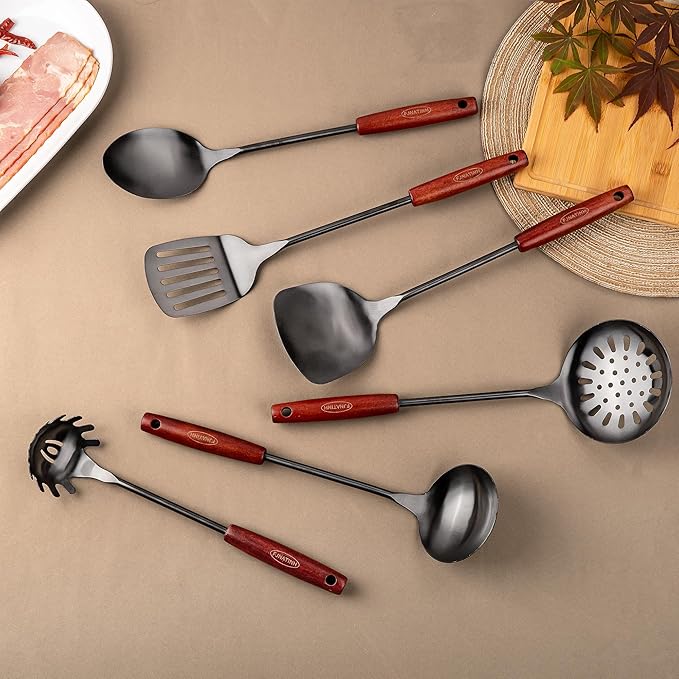 FJNATINH 304 Stainless Steel Kitchen Utensil Sets - 6 PCS Wok Spatula Sets Cooking Utensil Tools Spatula, Soup Ladle, Skimmer Spoon, Slotted Spatula Tunner, Spaghetti Spoon, Large Spoon - Image 3