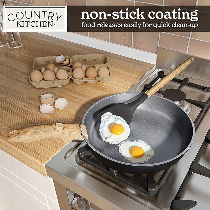 Country Kitchen Cookware Set with Removable Handle, Oven & RV Safe Pots and Pans Set, Black/Grey Wood Handle, Original - Image 4