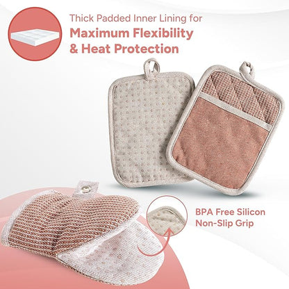 Casa Platino Potholders for Kitchens, 8-Piece – 500°F Heat Resistant Oven Mitts and Pot Holders, Mini Oven Mitt with Silicone Grip, 2 Kitchen Towels & 2 Dish Cloths – Durable & Non-Slip – Canyon Rose