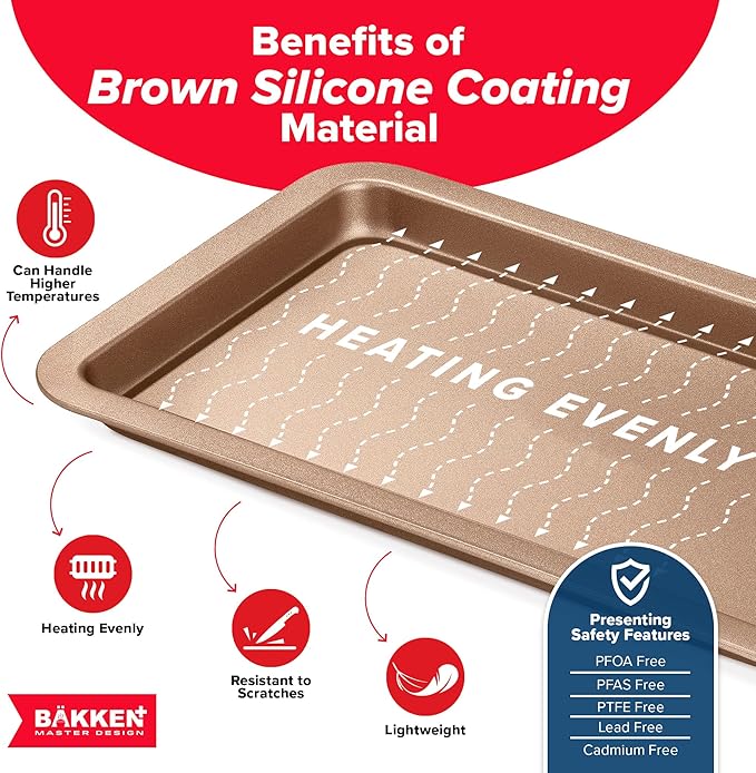 BAKKEN Kitchen Baking Pans - Nonstick Brown Coating, 13.18’’ × 8.66’’ Commercial Grade Carbon Steel Cookie Sheet, Baking Kitchen Essentials, PFOA, PFOS, PTFE Free, Oven Safe Tray (450° F), Brown - Image 5