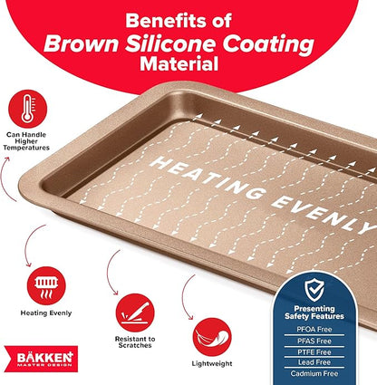 BAKKEN Kitchen Baking Pans - Nonstick Brown Coating, 13.18’’ × 8.66’’ Commercial Grade Carbon Steel Cookie Sheet, Baking Kitchen Essentials, PFOA, PFOS, PTFE Free, Oven Safe Tray (450° F), Brown - Image 5
