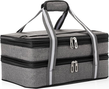 Stack Store Plus More Insulated Casserole Carrier for Hot or Cold Food, Lasagna Holder for Picnic, Potluck, Cookout - Fits 9” x 13” and 11” x 15” Baking Dish – Expandable Double Thermal Bag in Gray