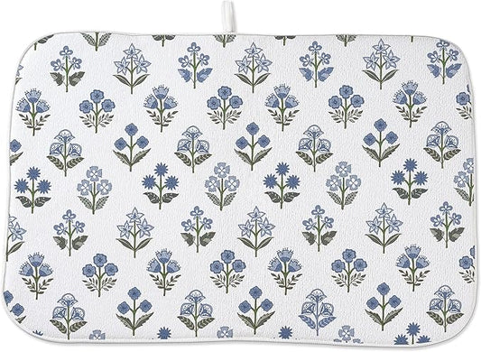 Block Print Dish Drying Mat 18x24 Inches For Kitchen Counter Boho Blue Flower Kitchen Decoration Drying Mat Modern Decorative Floral Drying Pad Mat for Home Kitchen Decor,Dining Room,Office