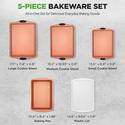 NutriChef 5‑Piece Non‑Stick Bakeware Set – Premium Carbon Steel Baking Pans Set with Silicone Handles, Stackable Oven Pan Set for Cookies, Sheet Cakes, & Roasting