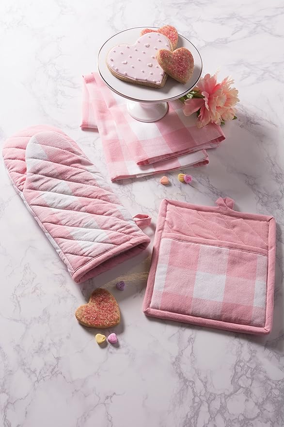 DII Buffalo Check Kitchen Collection, Classic Farmhouse Kitchen Set, Potholder, One Size, Pink &White, 2 Piece