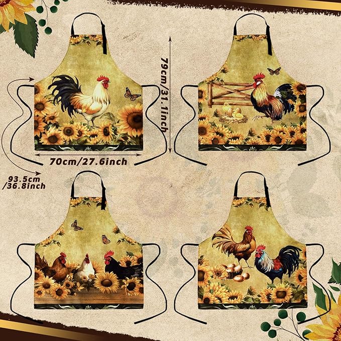 Geetery 4 Pcs Chicken Aprons for Women Rooster Print Apron Waterproof Adjustable for Kitchen Cooking - Image 3