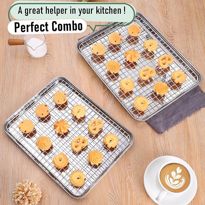 Homikit Cookie Sheet with Rack (2 Small Baking Sheets+2 Grill Racks), 10 x 8 Inch Stainless Steel Cookie Sheets with Wire Cooling Rack, Nonstick Metal Toaster Oven Bacon Tray, Dishwasher Safe