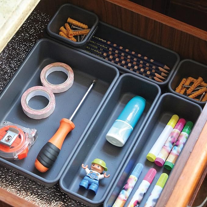 TENABORT 42 Pack Interlocking Desk Drawer Organizer Tray Dividers Plastic Shallow Narrow Drawers Organizers Separators Storage Bins Container for Kitchen Bathroom Makeup Office Vanity Dresser - Image 5
