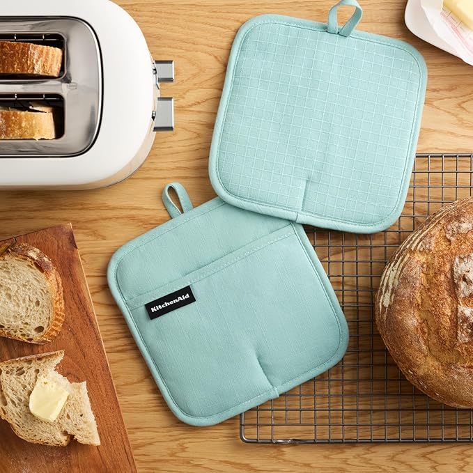 KITCHENAID Gourmet Series Gridlines Pot Holders 2-Pack Set, Heat Resistant up to 600°F, Soft Silicone Grip, Magnetic Cuff, Mineral Water Aqua, 8"x8" - Image 2