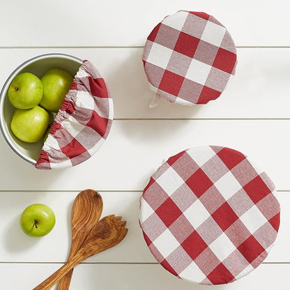DII Reusable Cloth Bowl Cover Collection Machine Washable, Cotton with Elastic Stretch for Food Storage, 10.25"/8.25"/7.5" Diameter, Farmhouse Plaid, Barn Red, 3 Piece