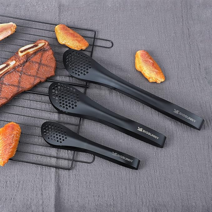 MSY BIGSUNNY Kitchen Buffet Tongs - Heavy Duty Food Serving Set for Cooking, BBQ - Metal Salad Tongs Set of 3 (Black 7" 9" & 11") - Image 2
