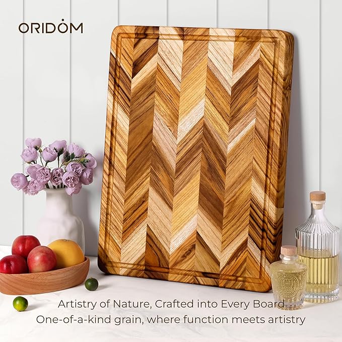 Teak Wood Cutting Board for Kitchen Extra 20'' Large End Grain Heavy Duty Checkered Wooden Cutting Board Non Toxic Herringbone Non Slip Charcuterie Butcher Block with Juice Groove & Handle Gift Box - Image 4