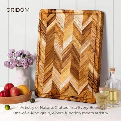 Teak Wood Cutting Board for Kitchen Extra 20'' Large End Grain Heavy Duty Checkered Wooden Cutting Board Non Toxic Herringbone Non Slip Charcuterie Butcher Block with Juice Groove & Handle Gift Box - Image 4