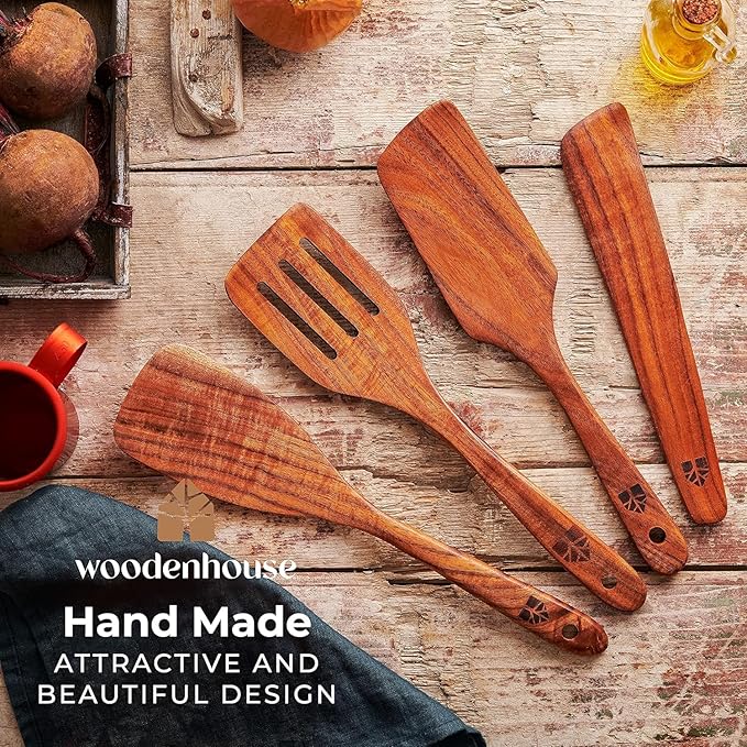 Wooden Spatula for Cooking - Natural Teak Wood Spatula for Non Stick Frying Pan - Wooden Cooking Utensils Set of 4 Including Paddle, Turner, Slotted Spurtle and Wood Scraper - Long Ergonomic Handles - Image 6