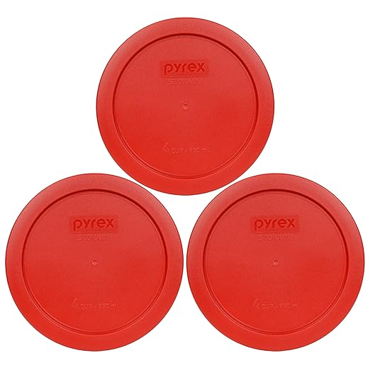 Pyrex 7201-PC 4 Cup Poppy Red Food Storage Replacement Lids (3-Pack) - Made in USA by Pyrex