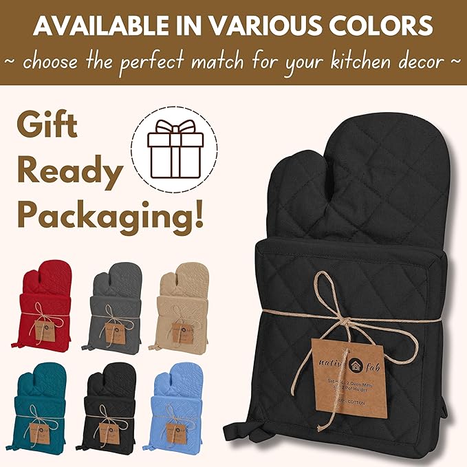 Native Fab Pot Holders and Oven Mitts Sets for Kitchen Heat Resistant - Hanging Non-Slip - 100% Cotton Kitchen Oven Mitts and Pot Holders 4-Piece Set - Black - Image 6