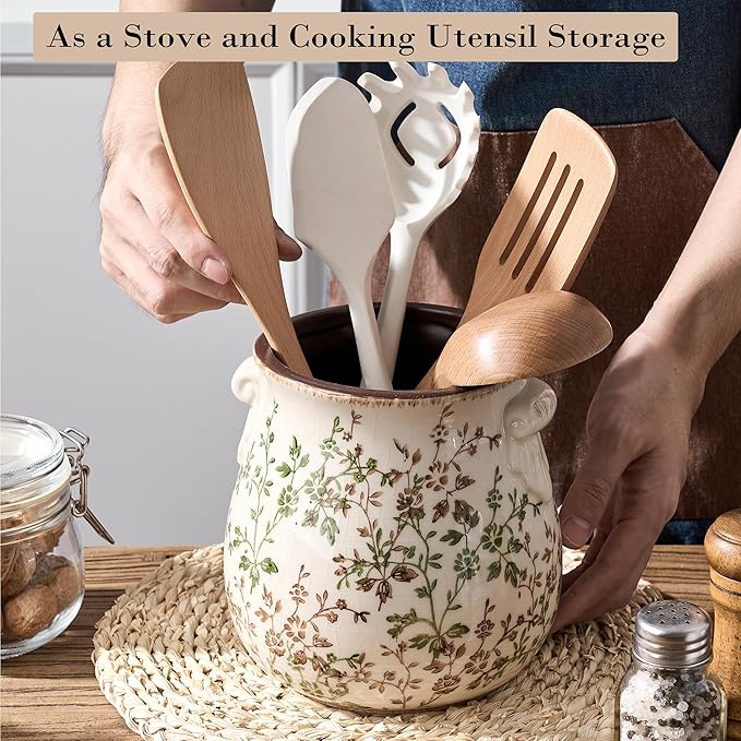 Utensil Holder for Kitchen Counter, Modern Farmhouse Rustic Cooking Utensil Holder and Crock, Exquisite Chinoiserie Floral Ceramic Utensil Organizer for Home Kitchen Decor- Green and Beige - Image 5